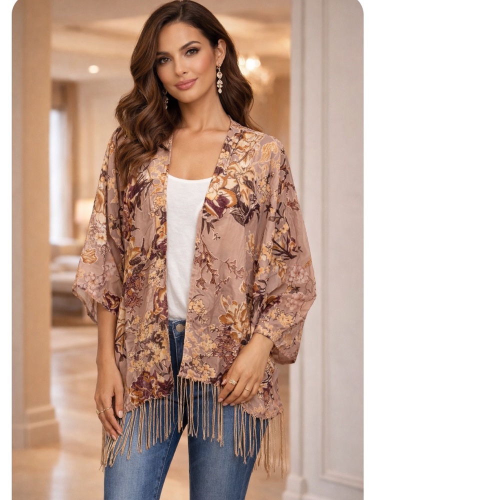 Boho BURNOUT VELVET Floral Fringe Kimono Top